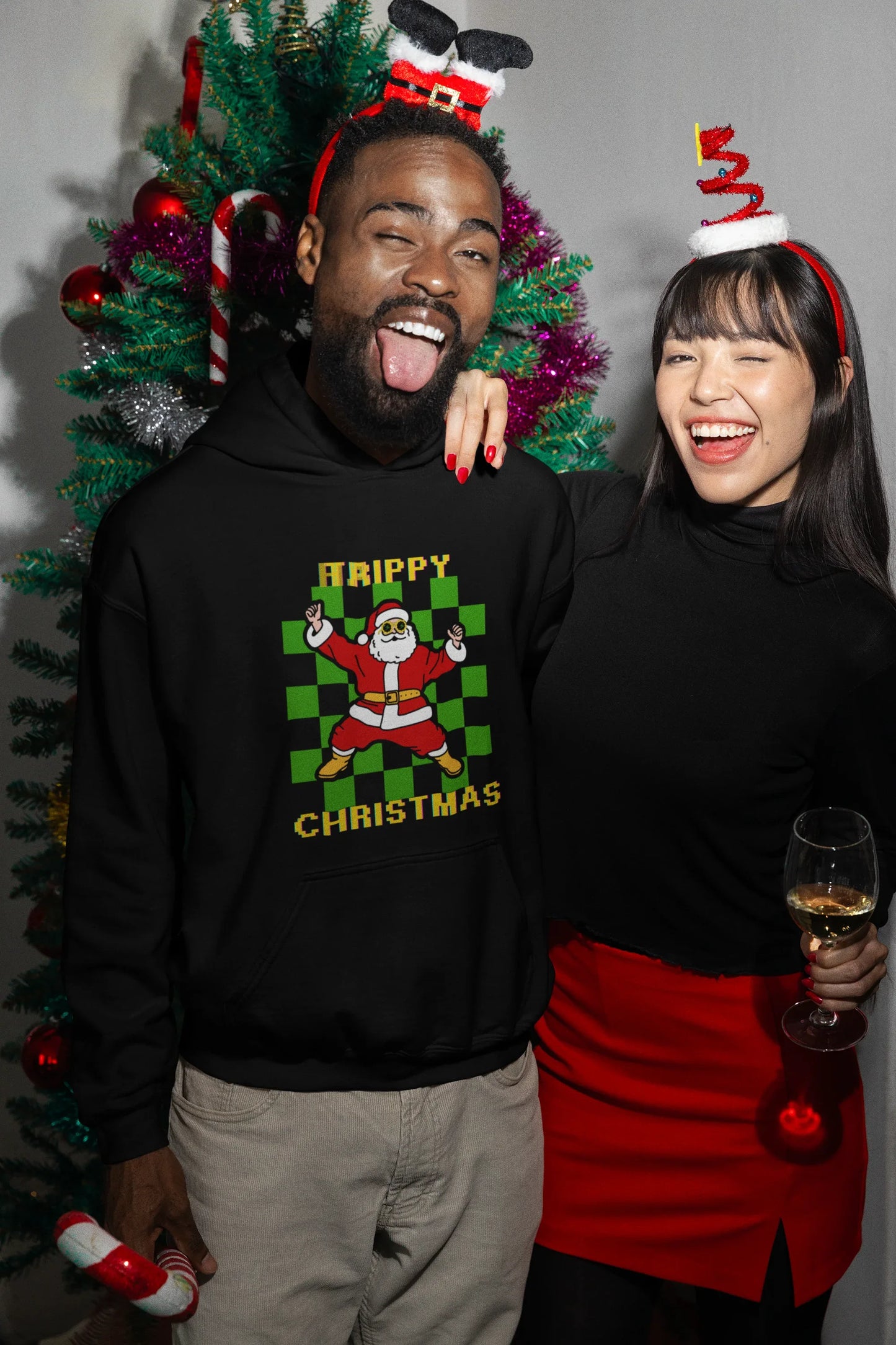 Trippy Happy Christmas Fun Party Hoodie (Unisex, Cotton) - curledeyes