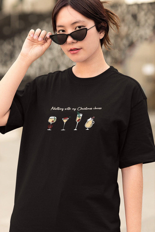 Adulting With Christmas Cheers Oversized luxe Christmas Tee (Unisex, Cotton) - curledeyes