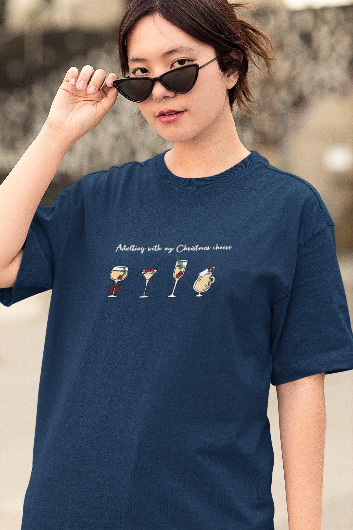 Adulting With Christmas Cheers Oversized luxe Christmas Tee (Unisex, Cotton) - curledeyes