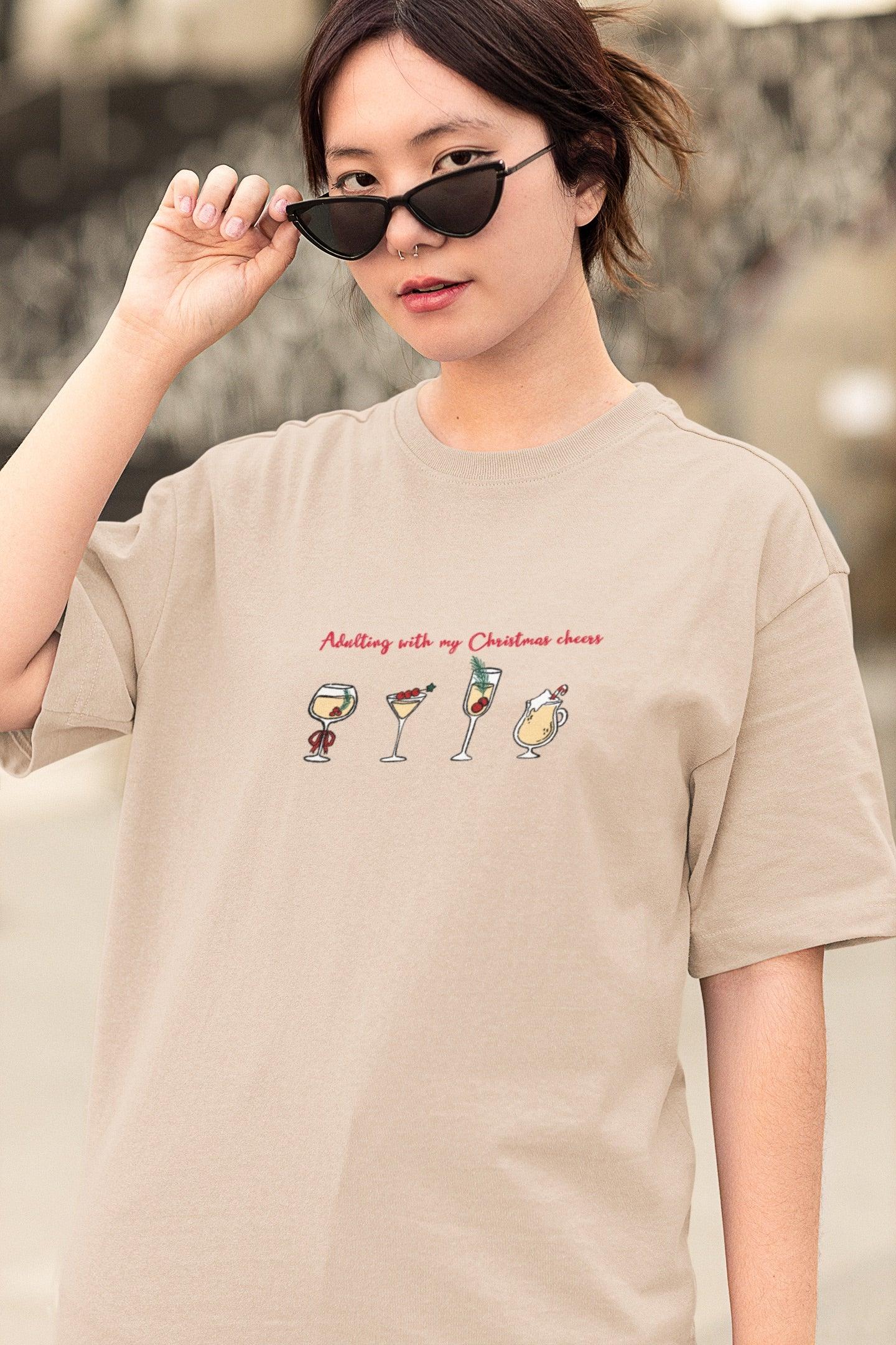 Adulting With Christmas Cheers Oversized luxe Christmas Tee (Unisex, Cotton) - curledeyes