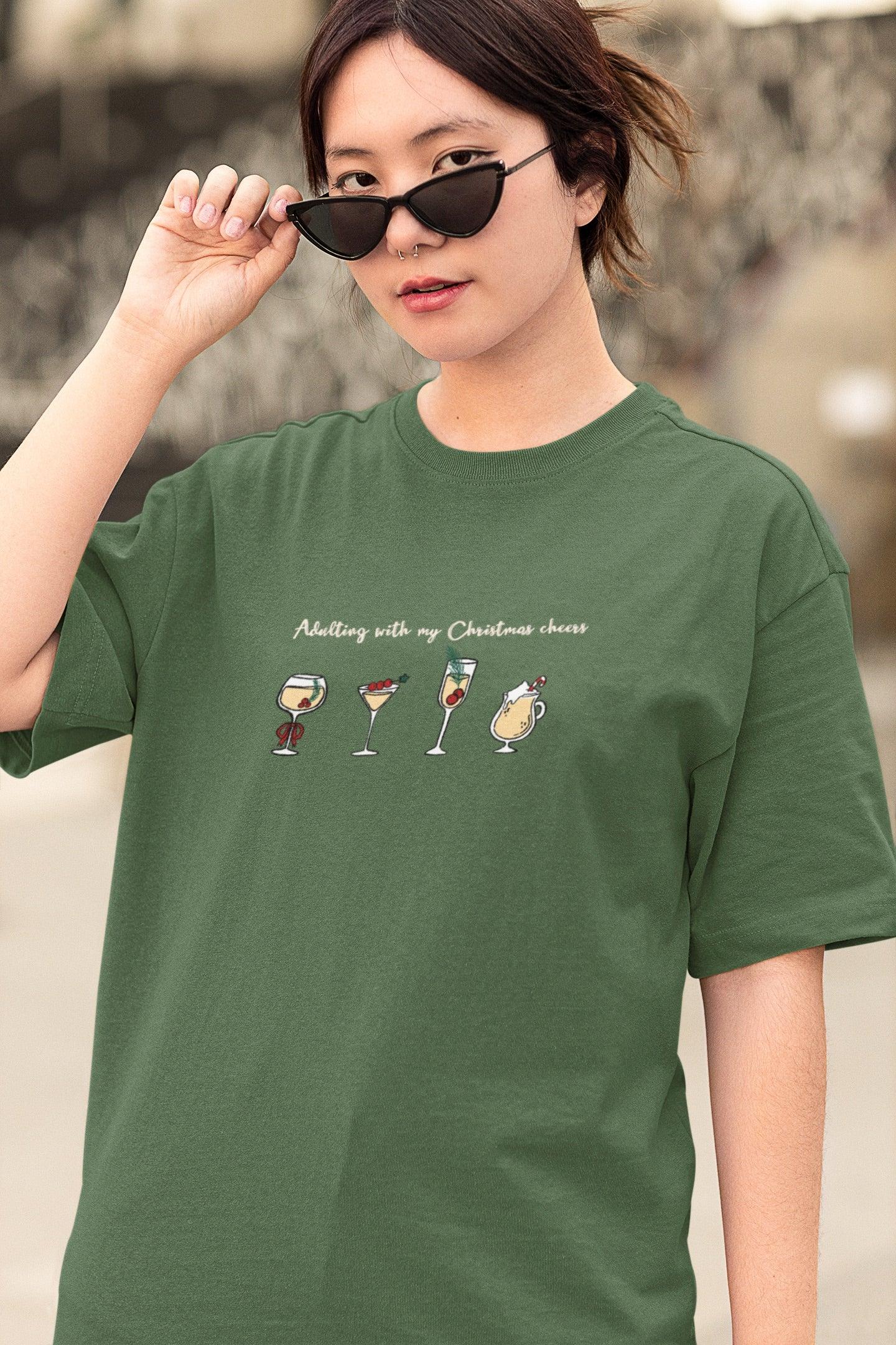 Adulting With Christmas Cheers Oversized luxe Christmas Tee (Unisex, Cotton) - curledeyes