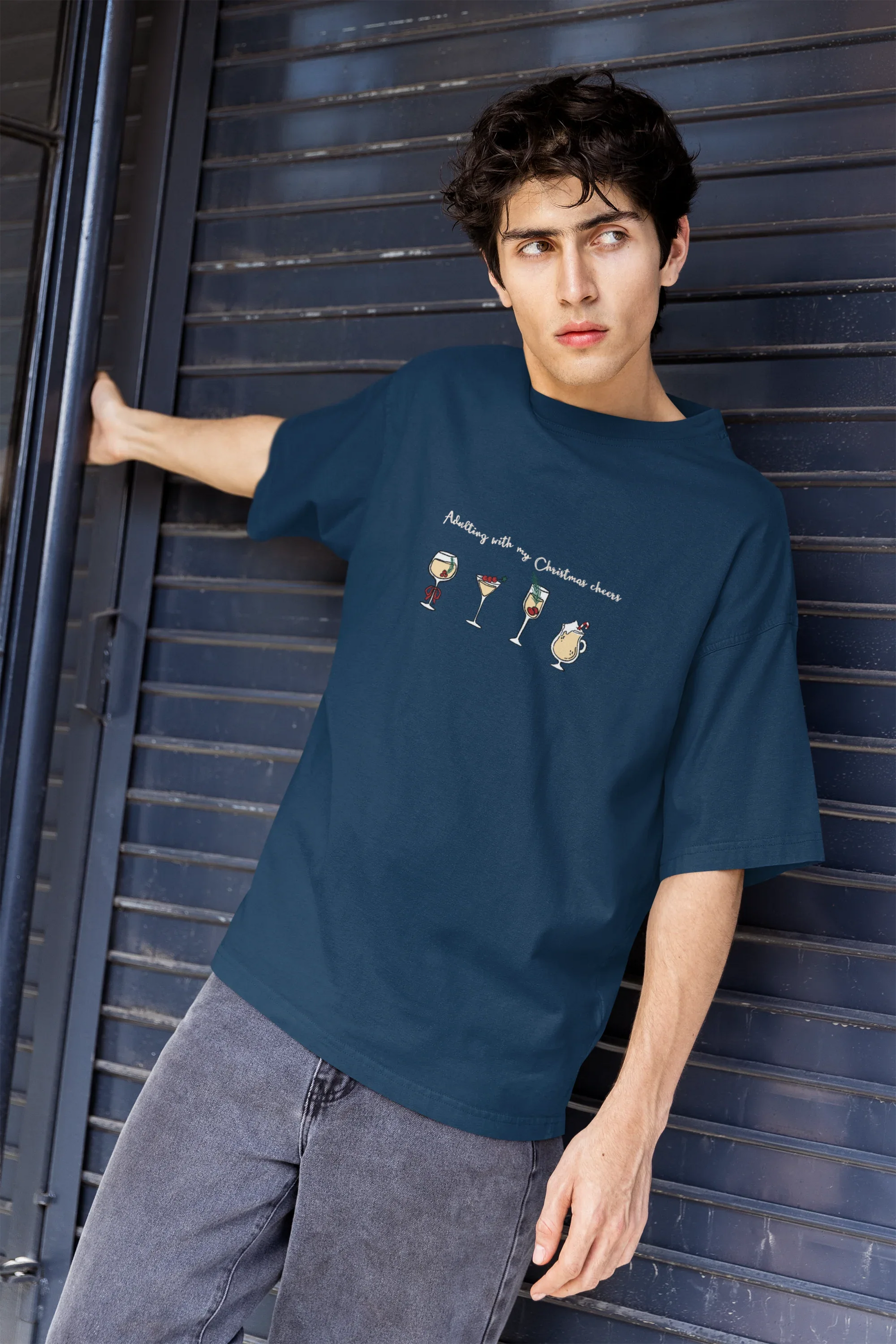 Adulting With Christmas Cheers Oversized luxe Christmas Tee (Unisex, Cotton) - curledeyes