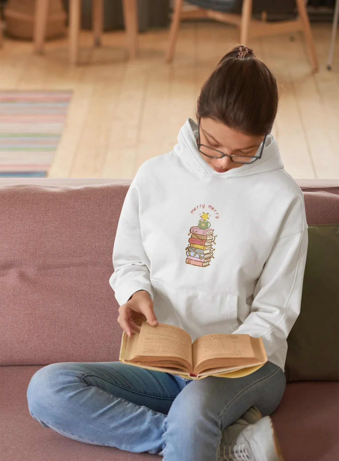 Books Merry Christmas Tree Hoodie (Unisex, Cotton) - curledeyes