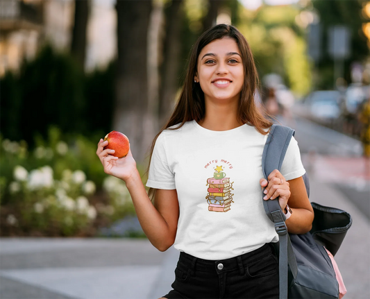 Books & Merry Christmas Tee (Woman fit, Cotton) - curledeyes