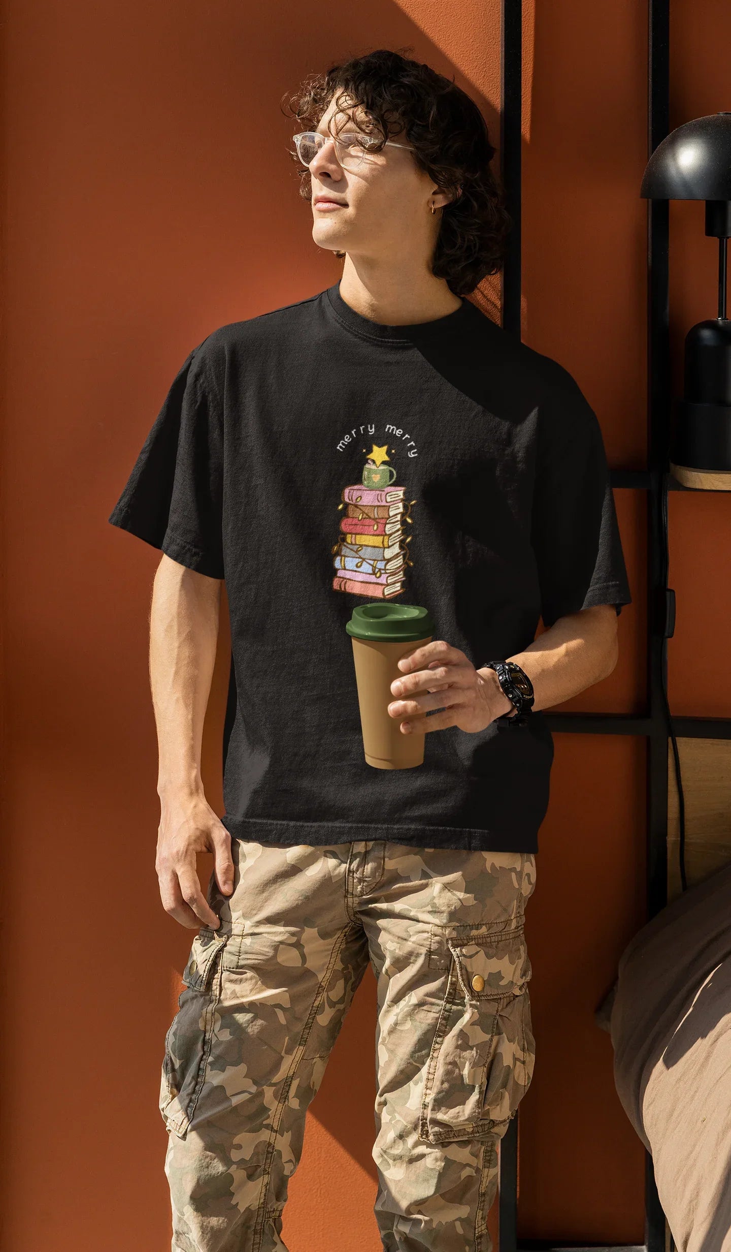 Books & Merry Oversized luxe Christmas Tee (Unisex, Cotton) - curledeyes