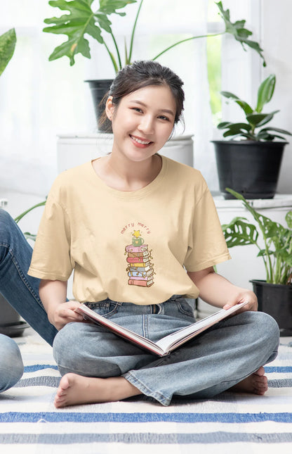 Books & Merry Oversized luxe Christmas Tee (Unisex, Cotton) - curledeyes