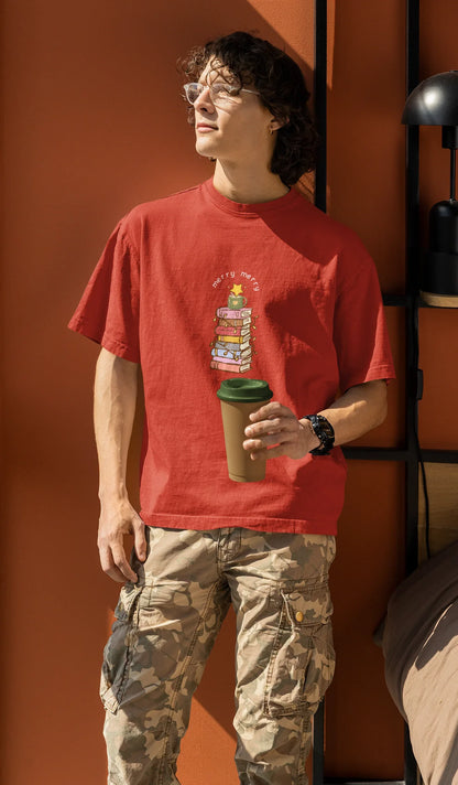 Books & Merry Oversized luxe Christmas Tee (Unisex, Cotton) - curledeyes