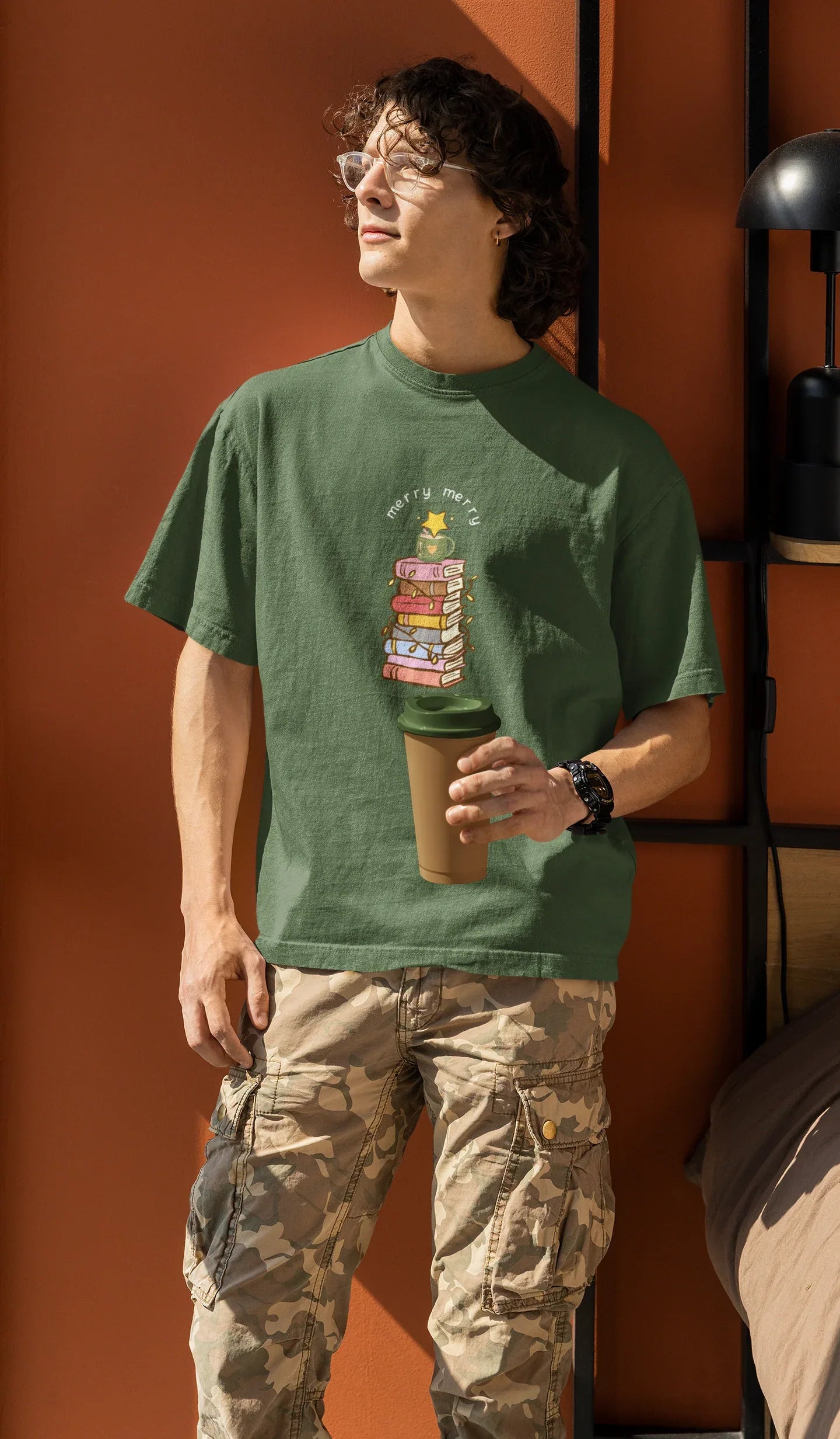 Books & Merry Oversized luxe Christmas Tee (Unisex, Cotton) - curledeyes