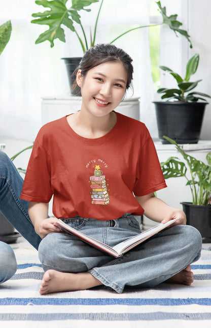 Books & Merry Oversized luxe Christmas Tee (Unisex, Cotton) - curledeyes