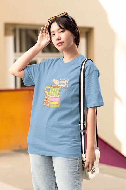Books & My Cuppa Oversized Tee (Unisex, Cotton)