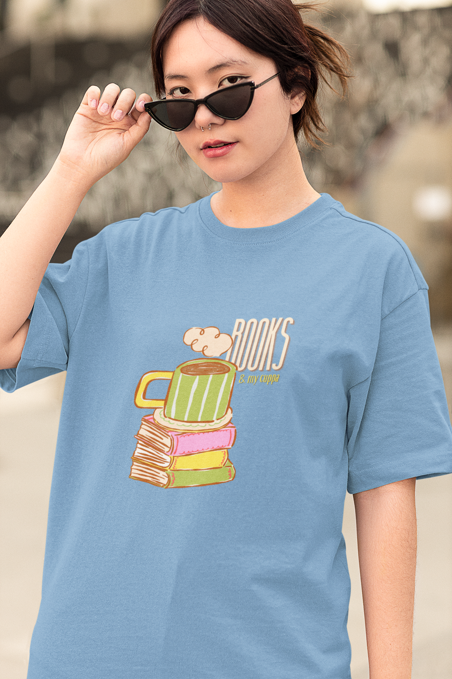 Books & My Cuppa Oversized Tee (Unisex, Cotton)