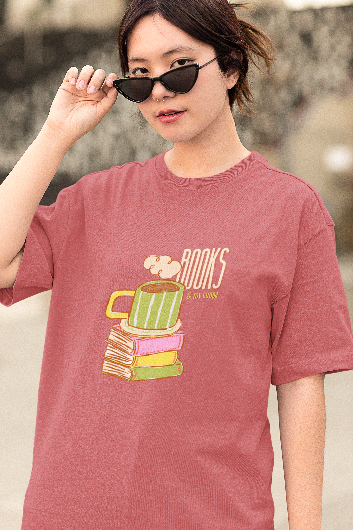 Books & My Cuppa Oversized Tee (Unisex, Cotton)