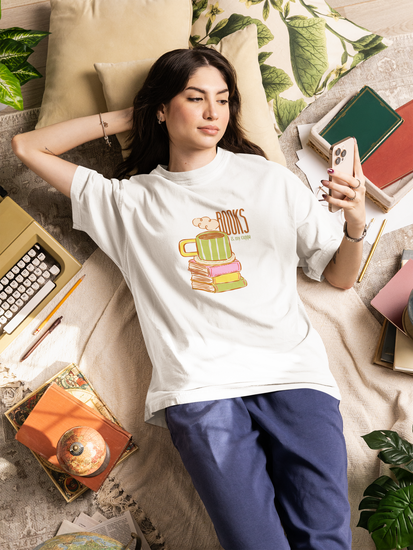 Books & My Cuppa Oversized Luxe Tee (Unisex, Cotton)