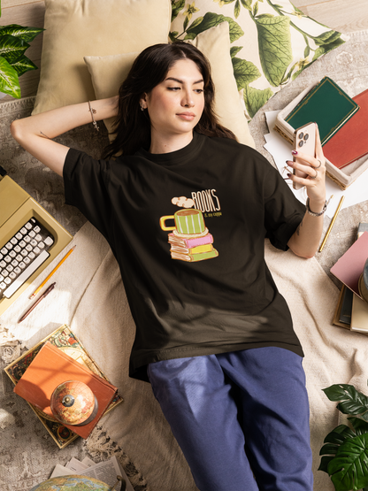 Books & My Cuppa Oversized Luxe Tee (Unisex, Cotton)