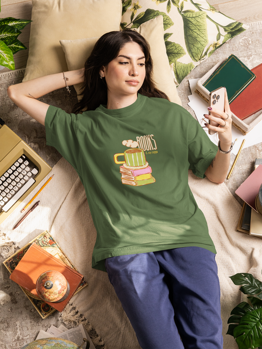 Books & My Cuppa Oversized Luxe Tee (Unisex, Cotton)