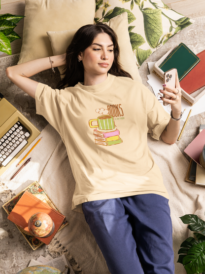 Books & My Cuppa Oversized Luxe Tee (Unisex, Cotton)