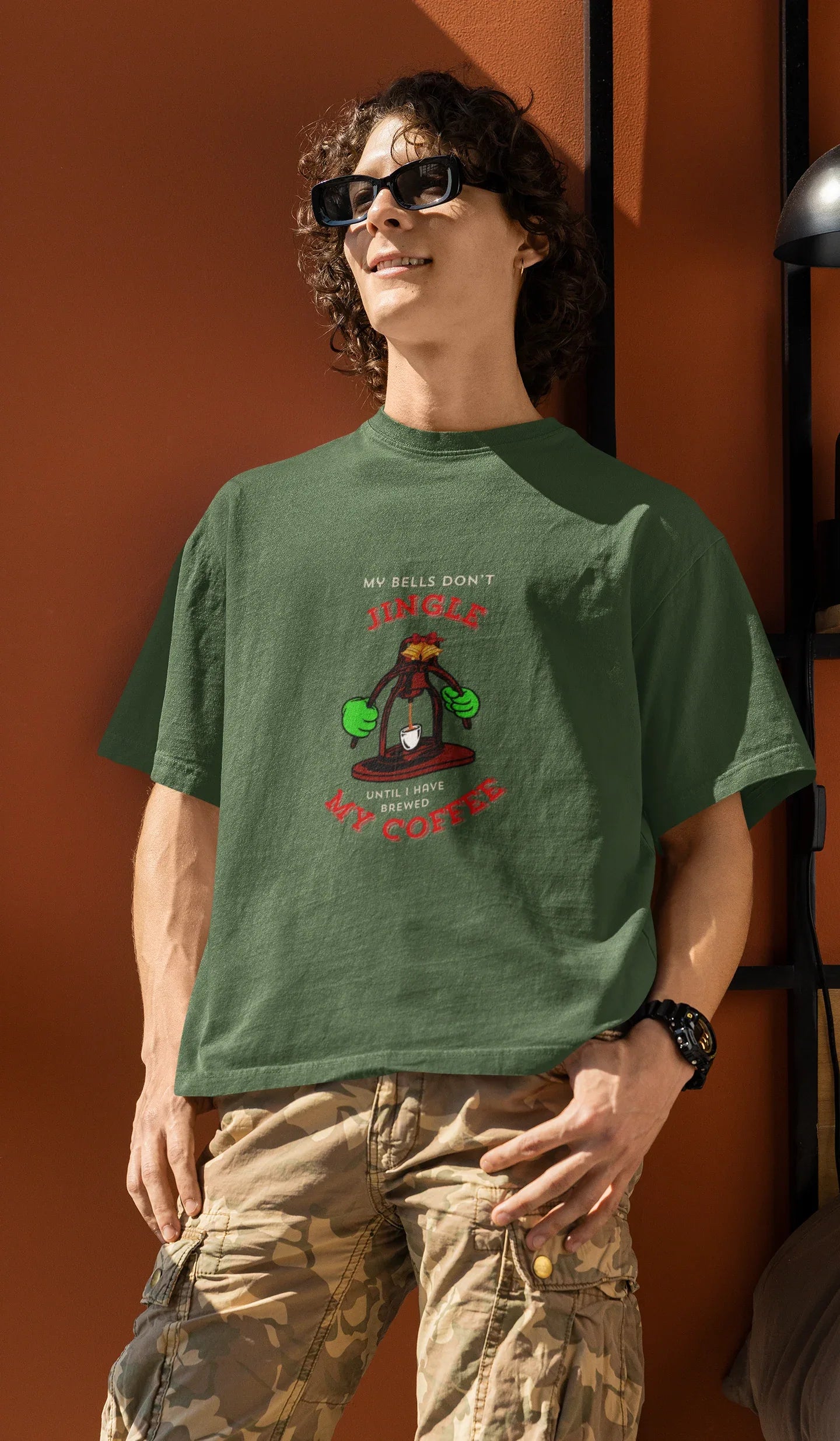 Coffee Jingles My Bells Oversized luxe Christmas Tee (Unisex, Cotton) - curledeyes