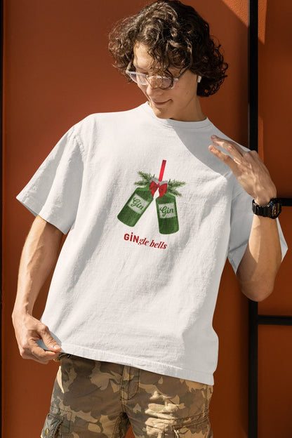 GINgle Jingle Bells Oversized luxe Christmas Tee (Unisex, Cotton) - curledeyes