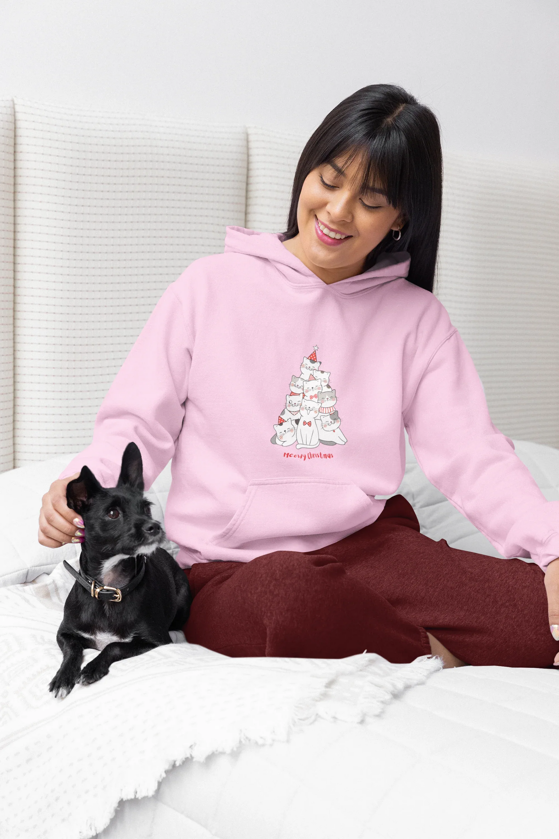 Meowy Christmas Cat Tree Hoodie (Unisex, Cotton) - curledeyes