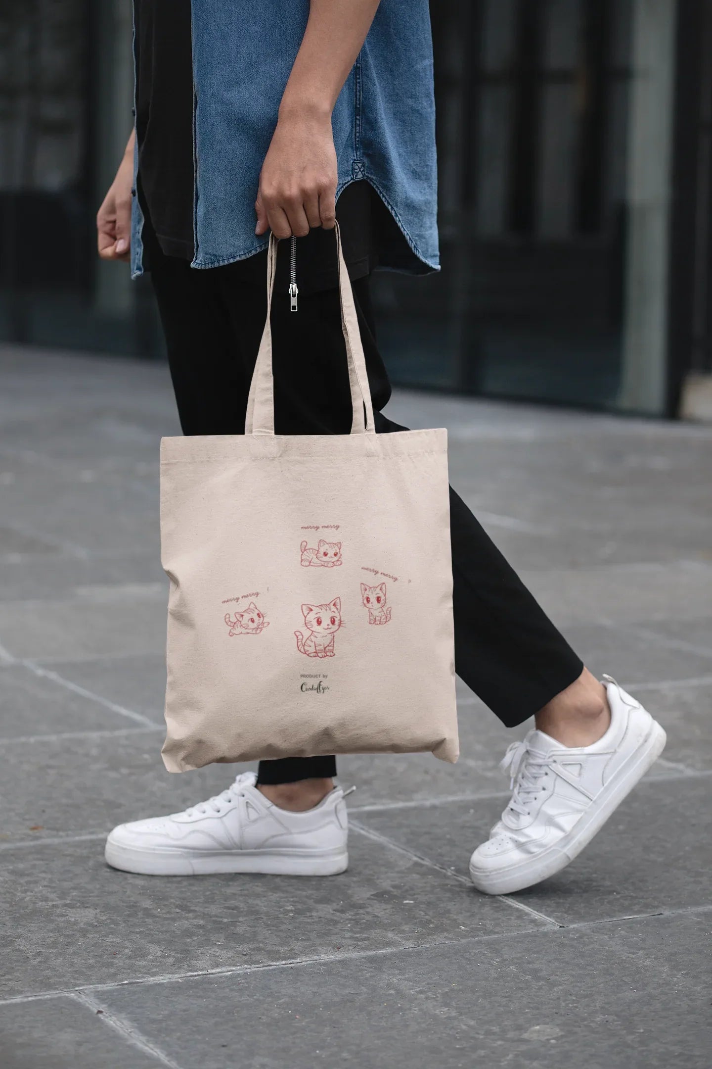Kitty Merry Cat Christmas Tote Bag (Cotton canvas) - curledeyes