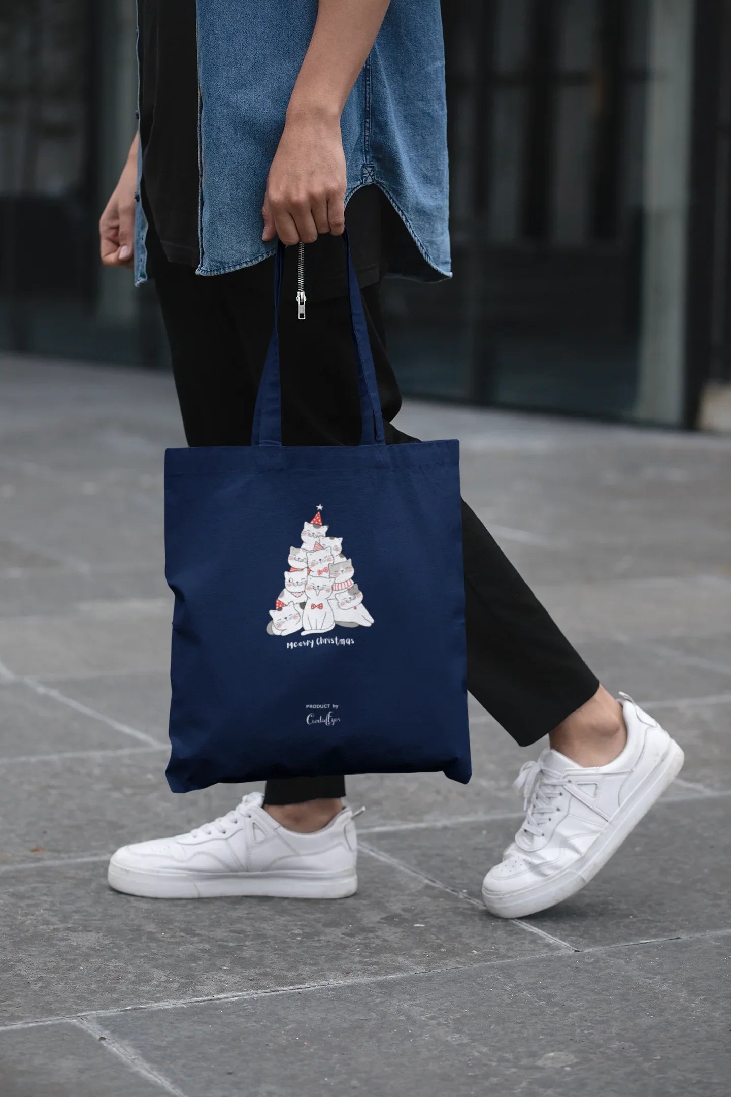 Meowy Christmas Cat Christmas Tote Bag (Cotton canvas) - curledeyes