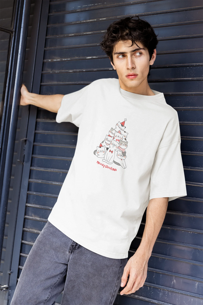 Meowy Christmas Cat Oversized luxe Christmas Tee (Unisex, Cotton) - curledeyes