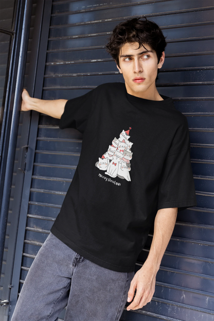 Meowy Christmas Cat Oversized luxe Christmas Tee (Unisex, Cotton) - curledeyes