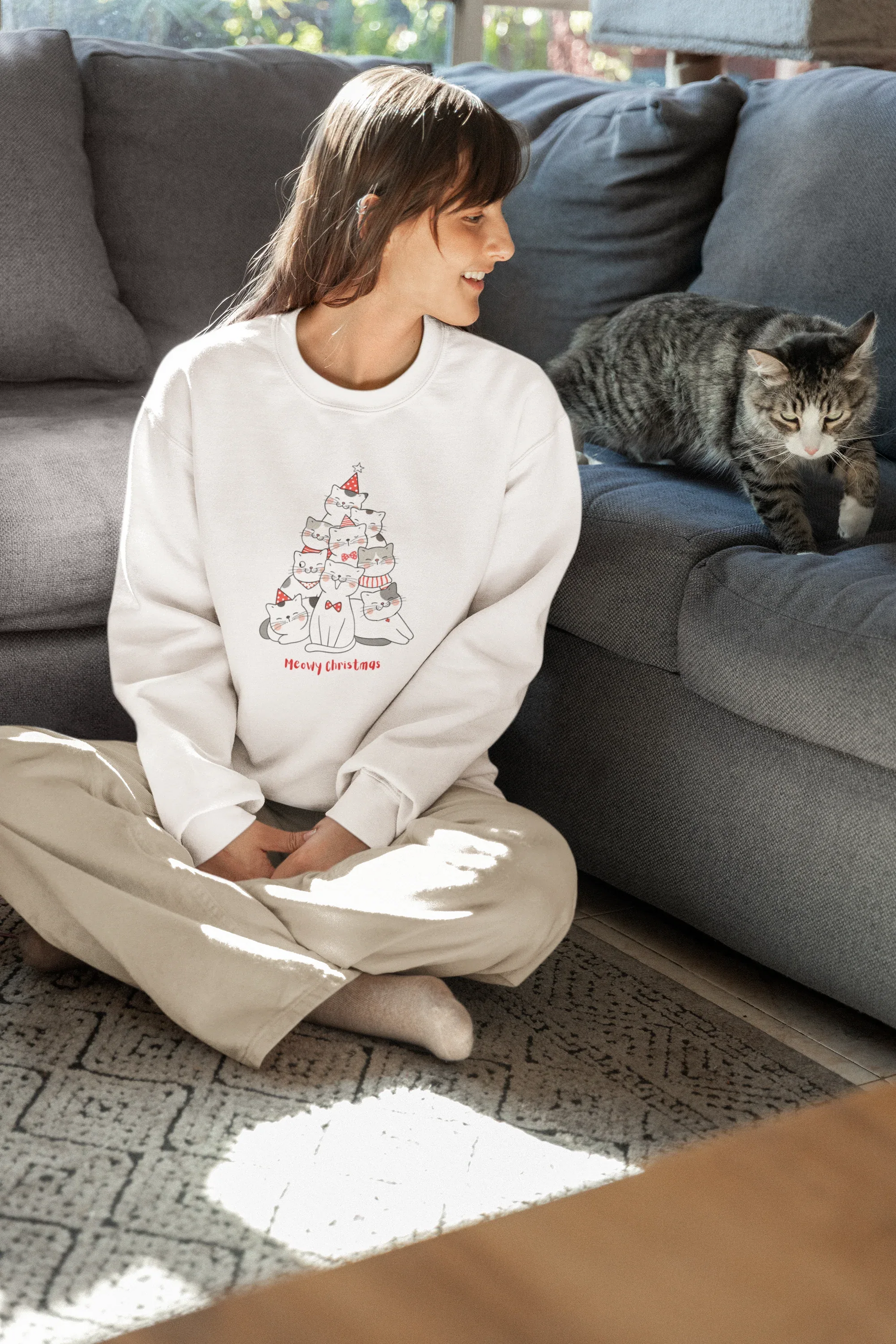Meowy christmas Cat Christmas Sweatshirt (Unisex, Cotton) - curledeyes