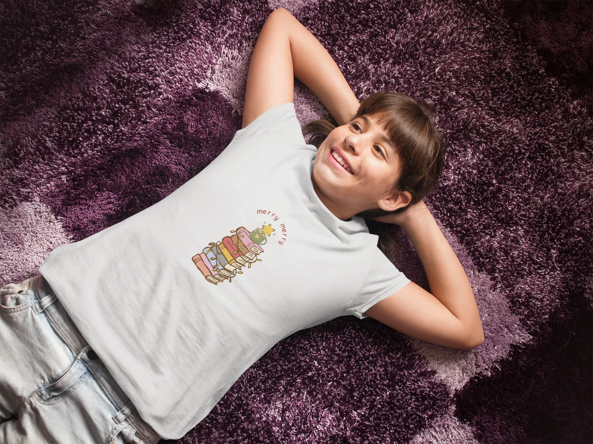 Merry & Books Kids Christmas Tee (Unisex, Cotton) - curledeyes