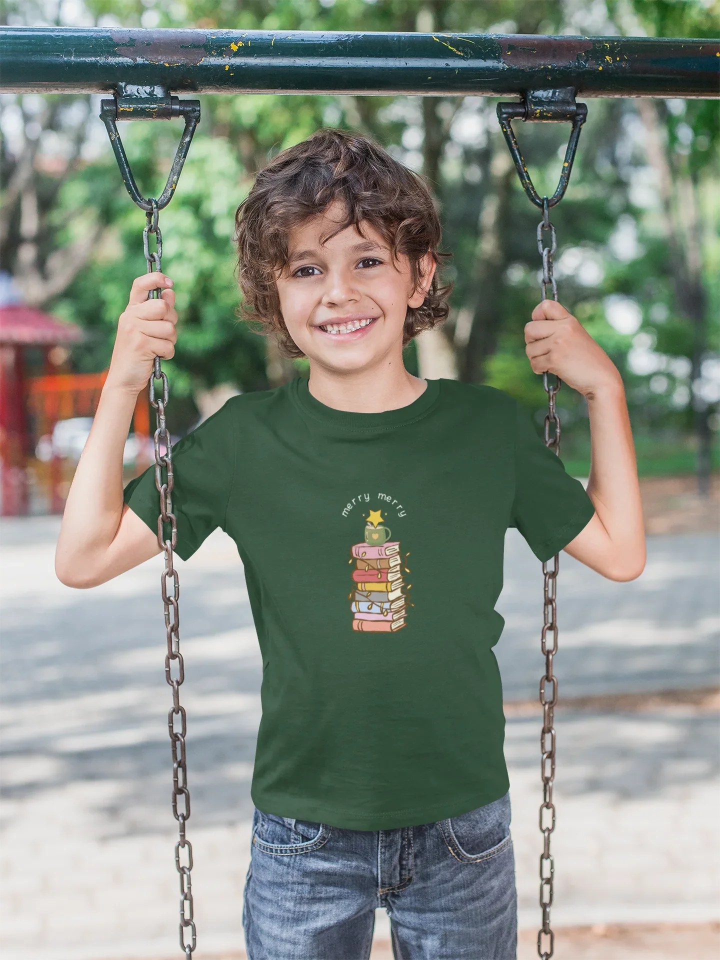Merry & Books Kids Christmas Tee (Unisex, Cotton) - curledeyes