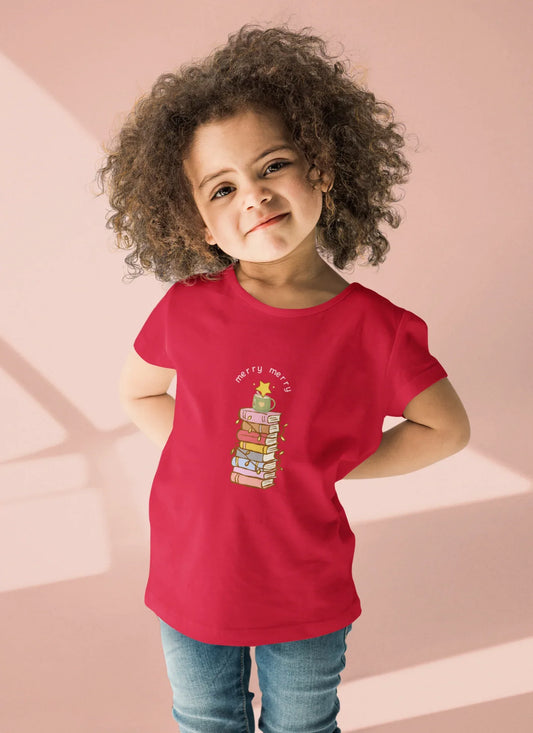 Merry & Books Kids Christmas Tee (Unisex, Cotton) - curledeyes
