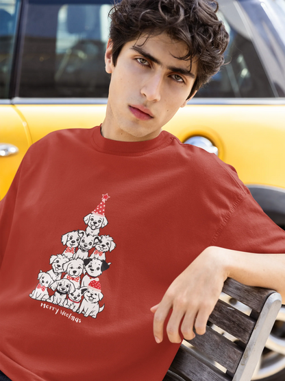 Merry Woofmas Dog Oversized luxe Christmas Tee (Unisex, Cotton) - curledeyes