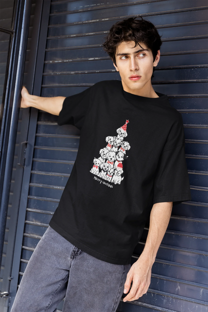 Merry Woofmas Dog Oversized luxe Christmas Tee (Unisex, Cotton) - curledeyes