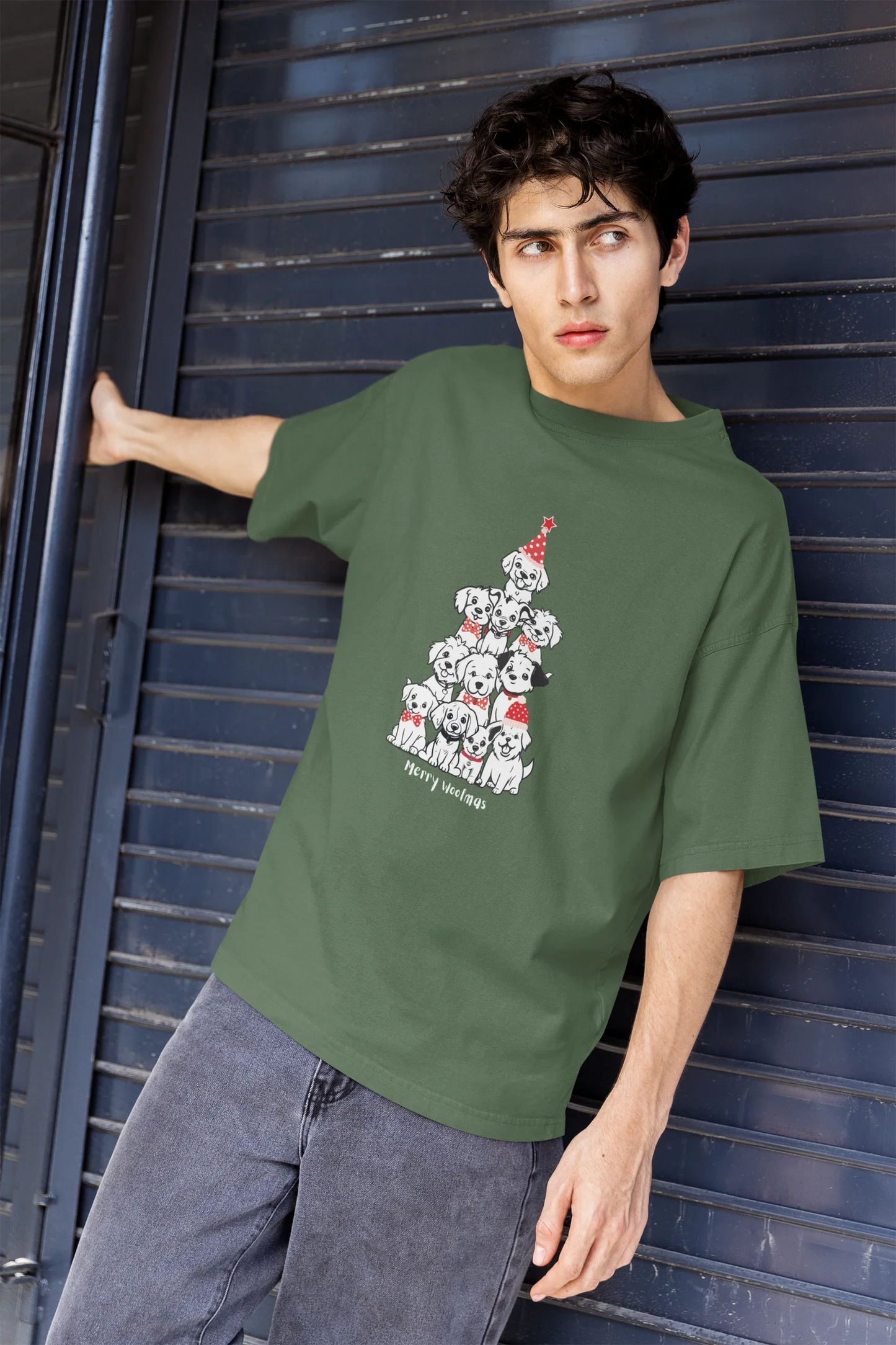 Merry Woofmas Dog Oversized luxe Christmas Tee (Unisex, Cotton) - curledeyes