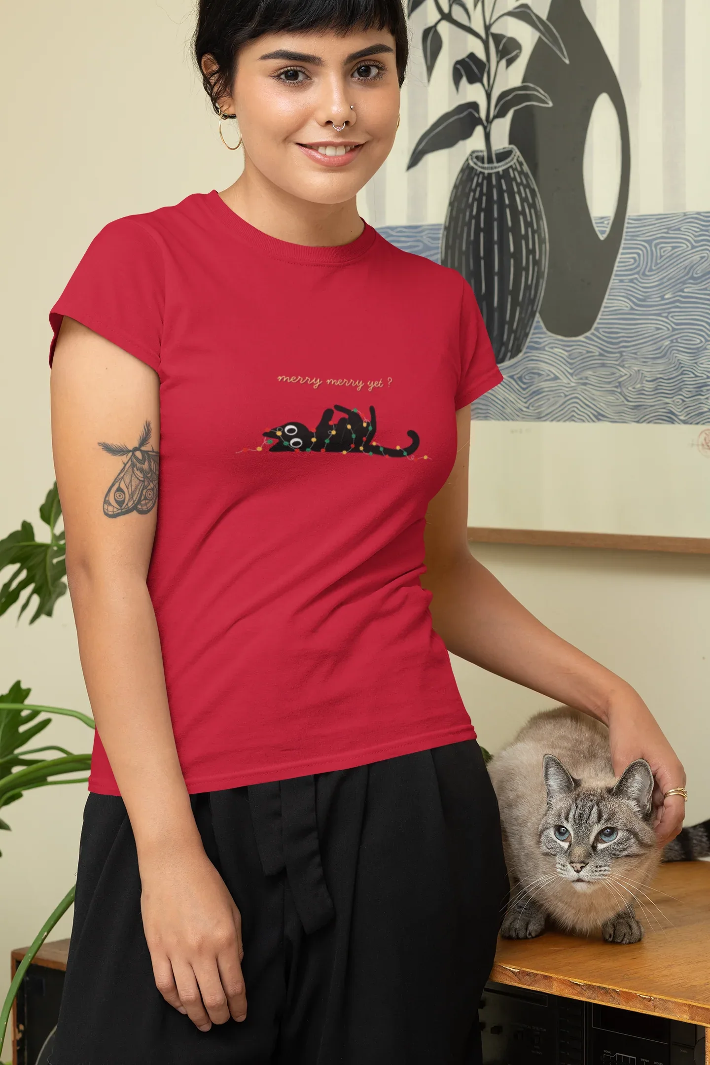 Merry yet_ Cat Christmas Tee (Woman fit, Cotton) - curledeyes