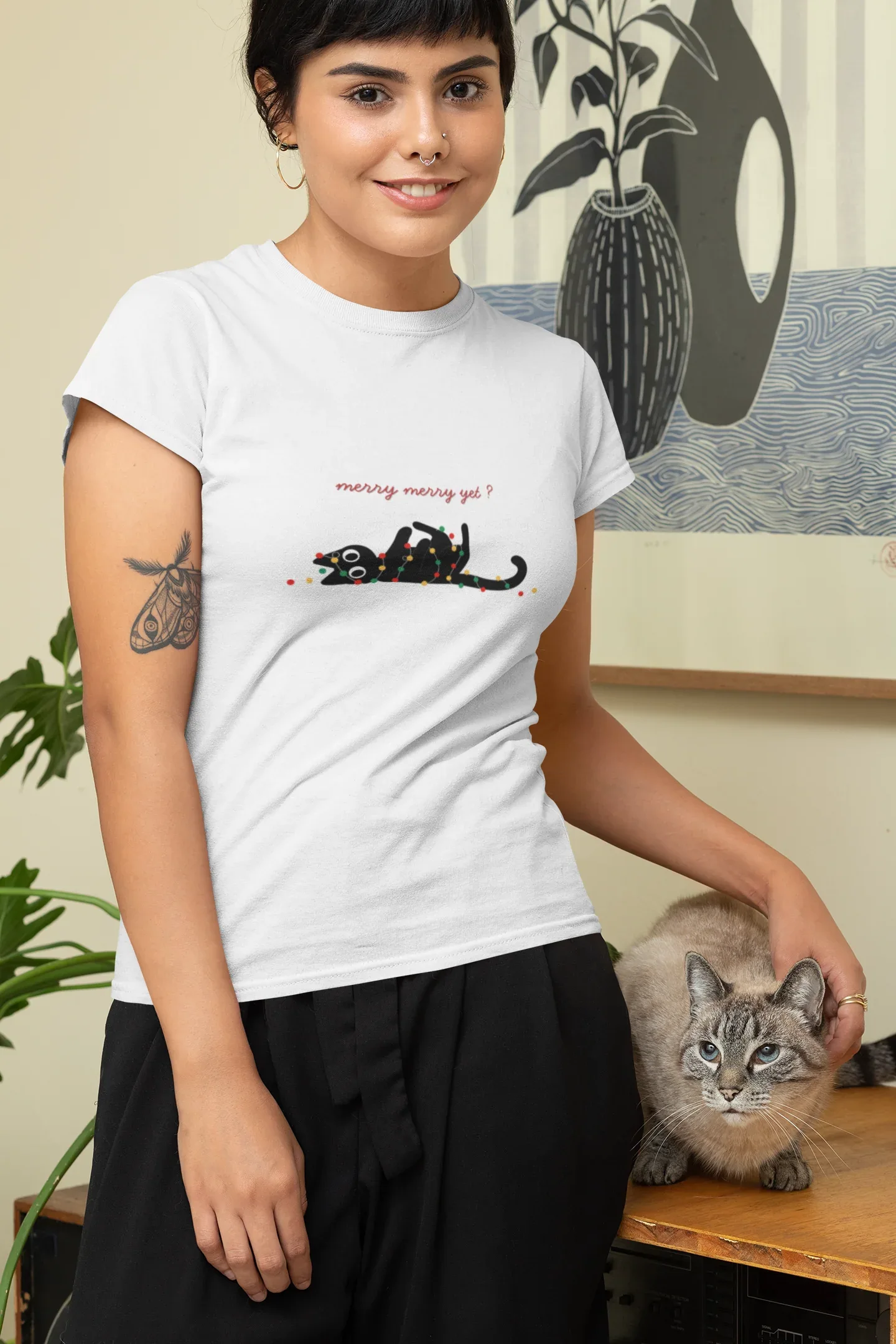 Merry yet_ Cat Christmas Tee (Woman fit, Cotton) - curledeyes