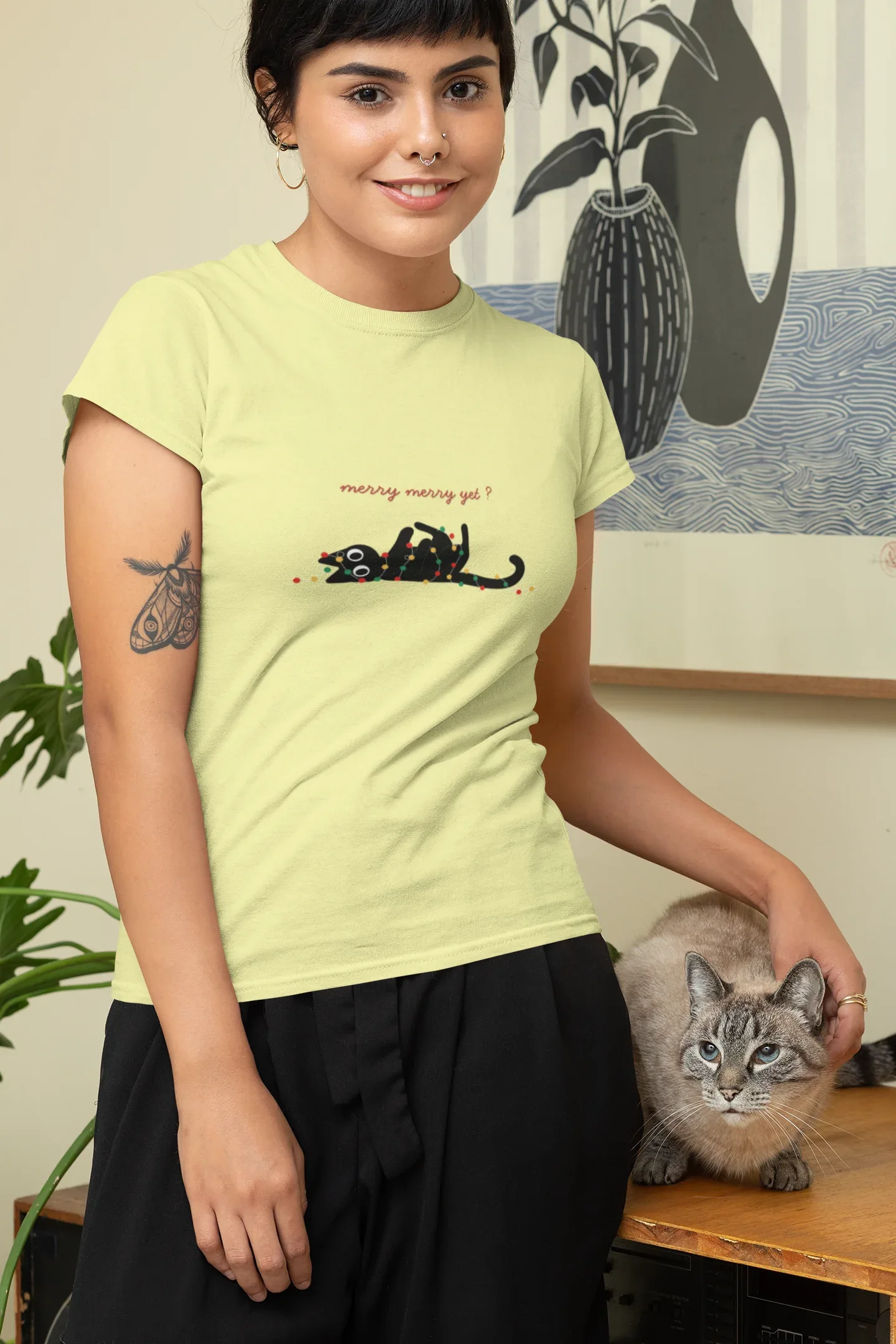 Merry yet_ Cat Christmas Tee (Woman fit, Cotton) - curledeyes