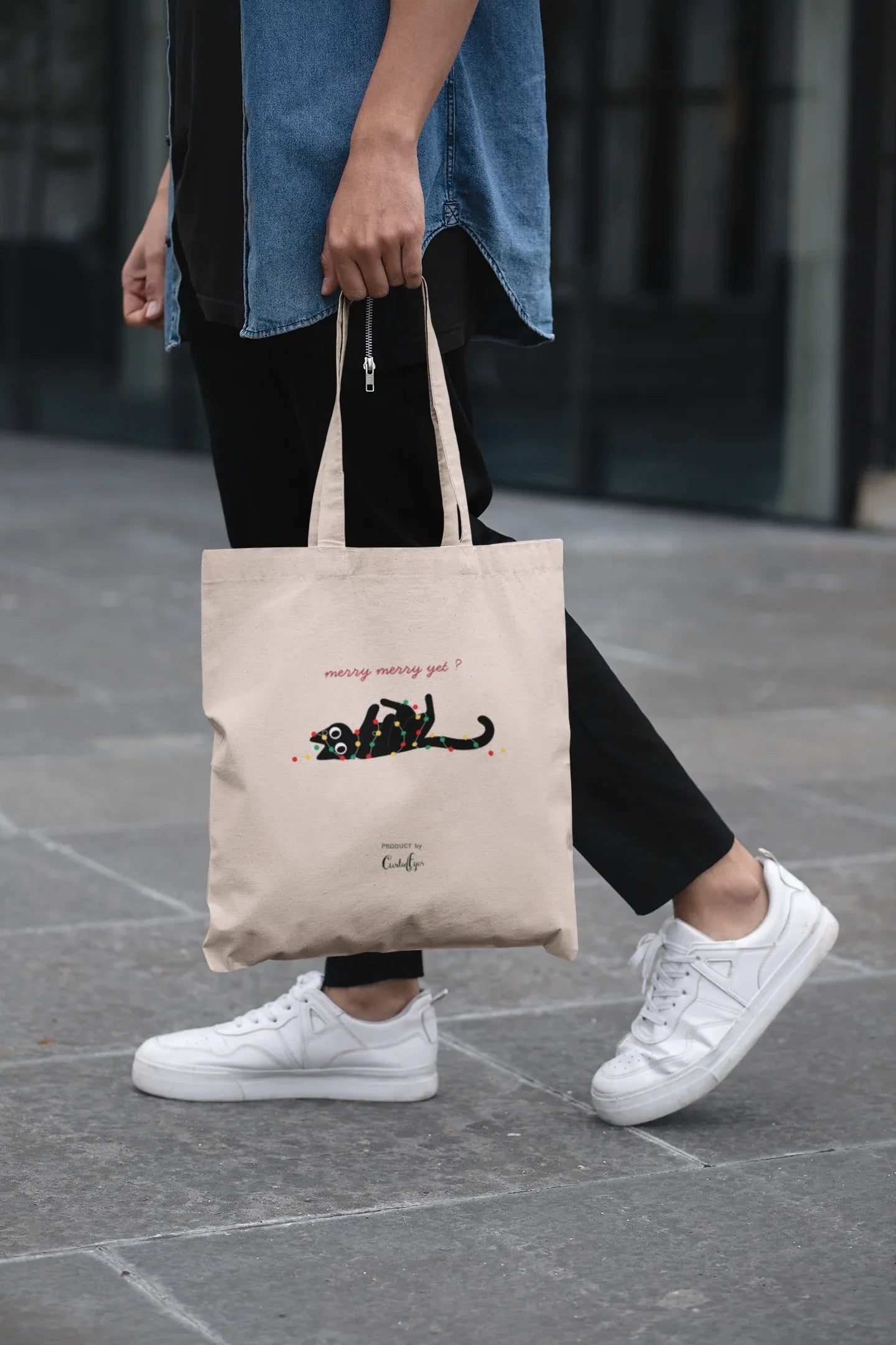 Merry yet_ Cat Christmas Tote Bag (Cotton canvas) - curledeyes