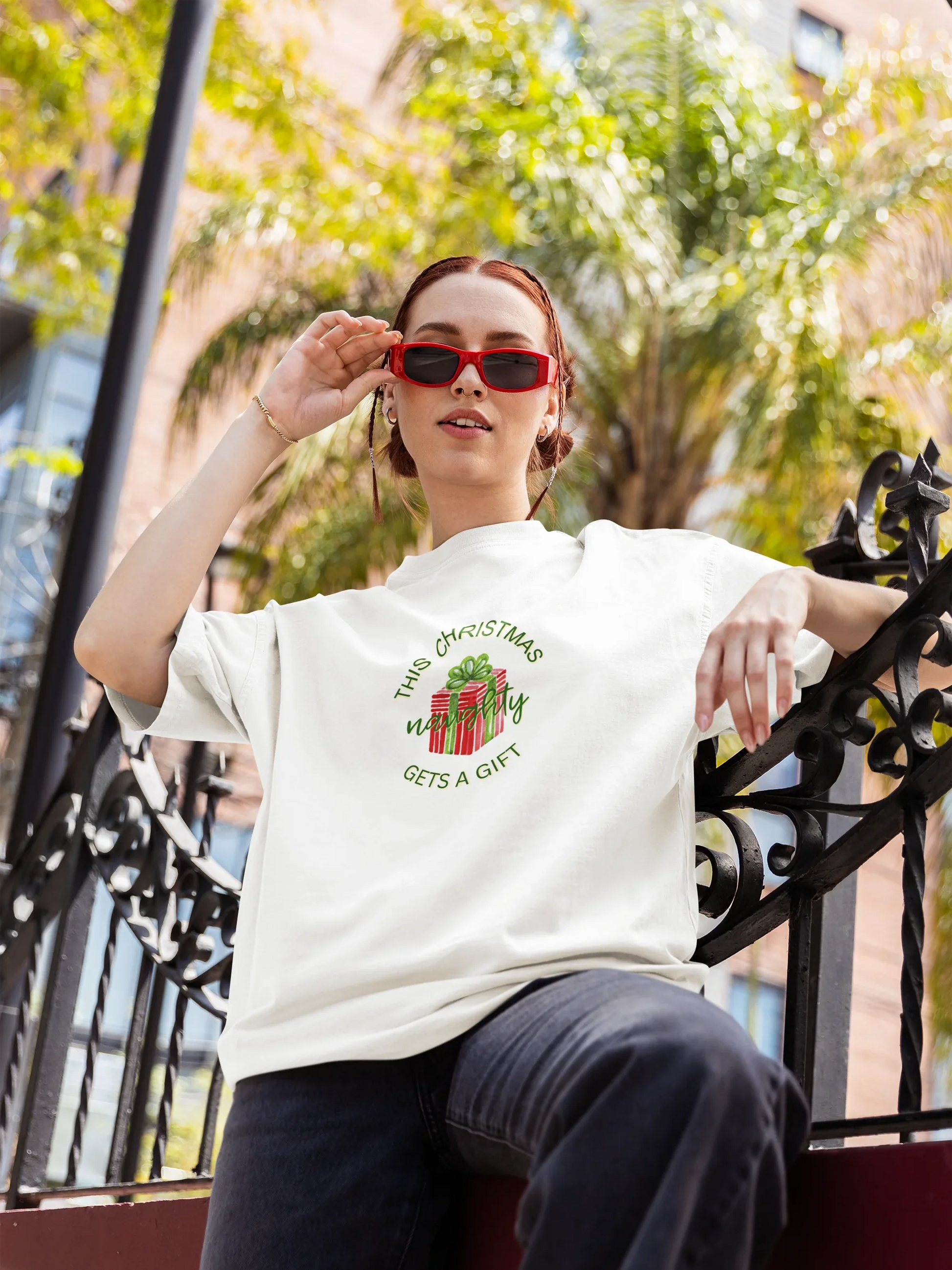 Naughty Gets A Gift Oversized luxe Christmas Tee (Unisex, Cotton) - curledeyes