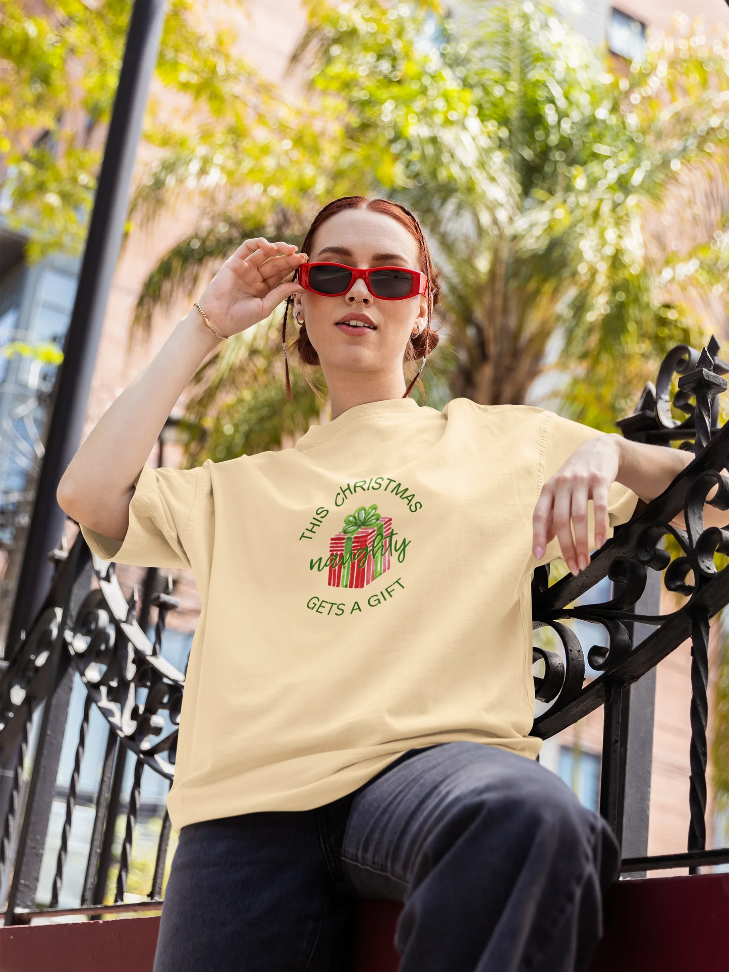 Naughty Gets A Gift Oversized luxe Christmas Tee (Unisex, Cotton) - curledeyes