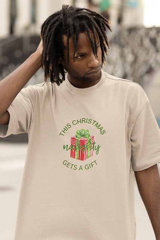 Naughty Gets A Gift Oversized luxe Christmas Tee (Unisex, Cotton) - curledeyes