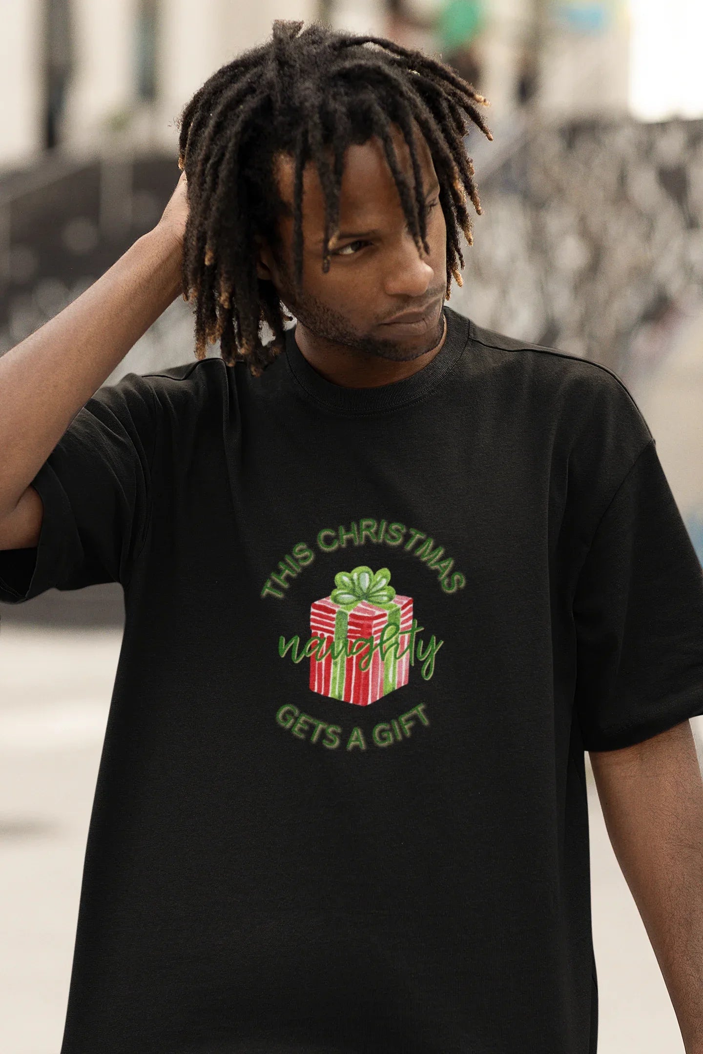 Naughty Gets A Gift Oversized luxe Christmas Tee (Unisex, Cotton) - curledeyes