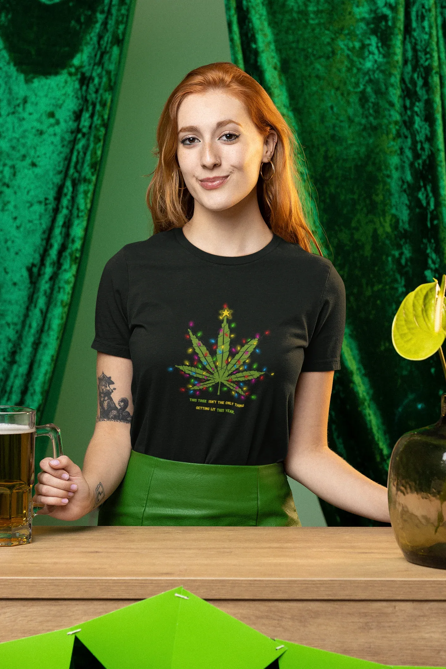 Not the Only Tree Getting Lit Fun Party Christmas Tee (Woman fit, Cotton) - curledeyes