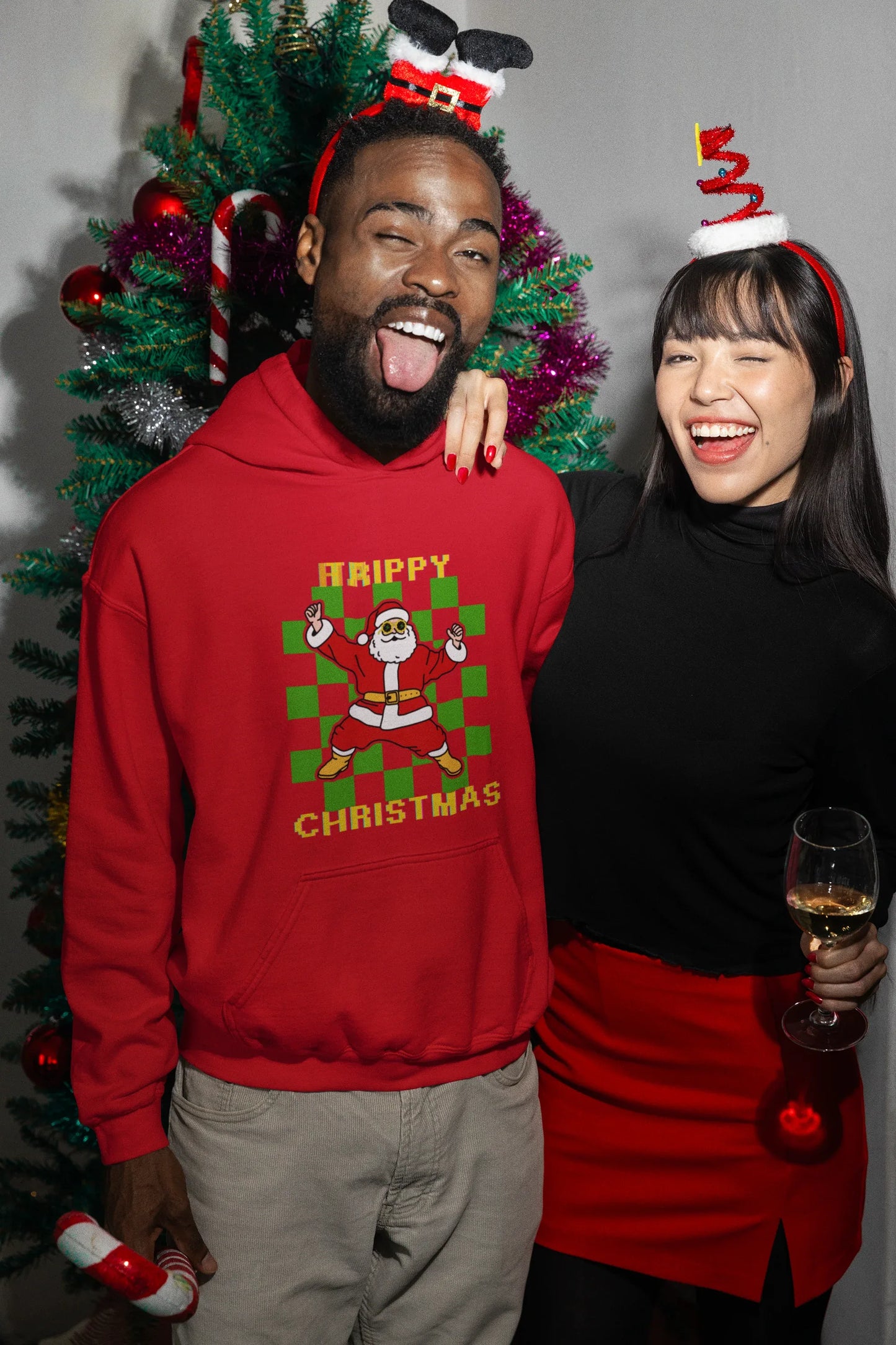 Trippy Happy Christmas Fun Party Hoodie (Unisex, Cotton) - curledeyes