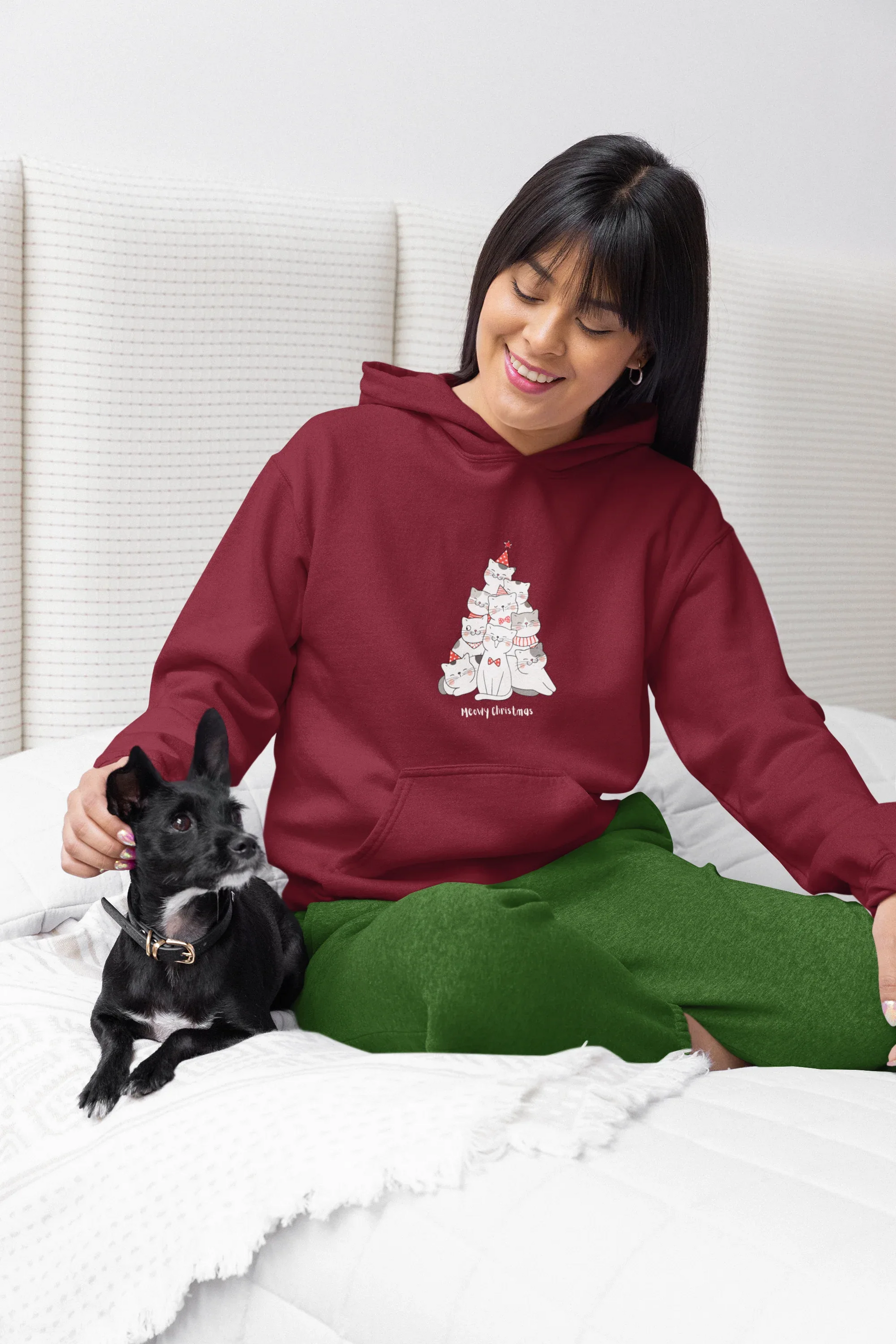 Meowy Christmas Cat Tree Hoodie (Unisex, Cotton) - curledeyes