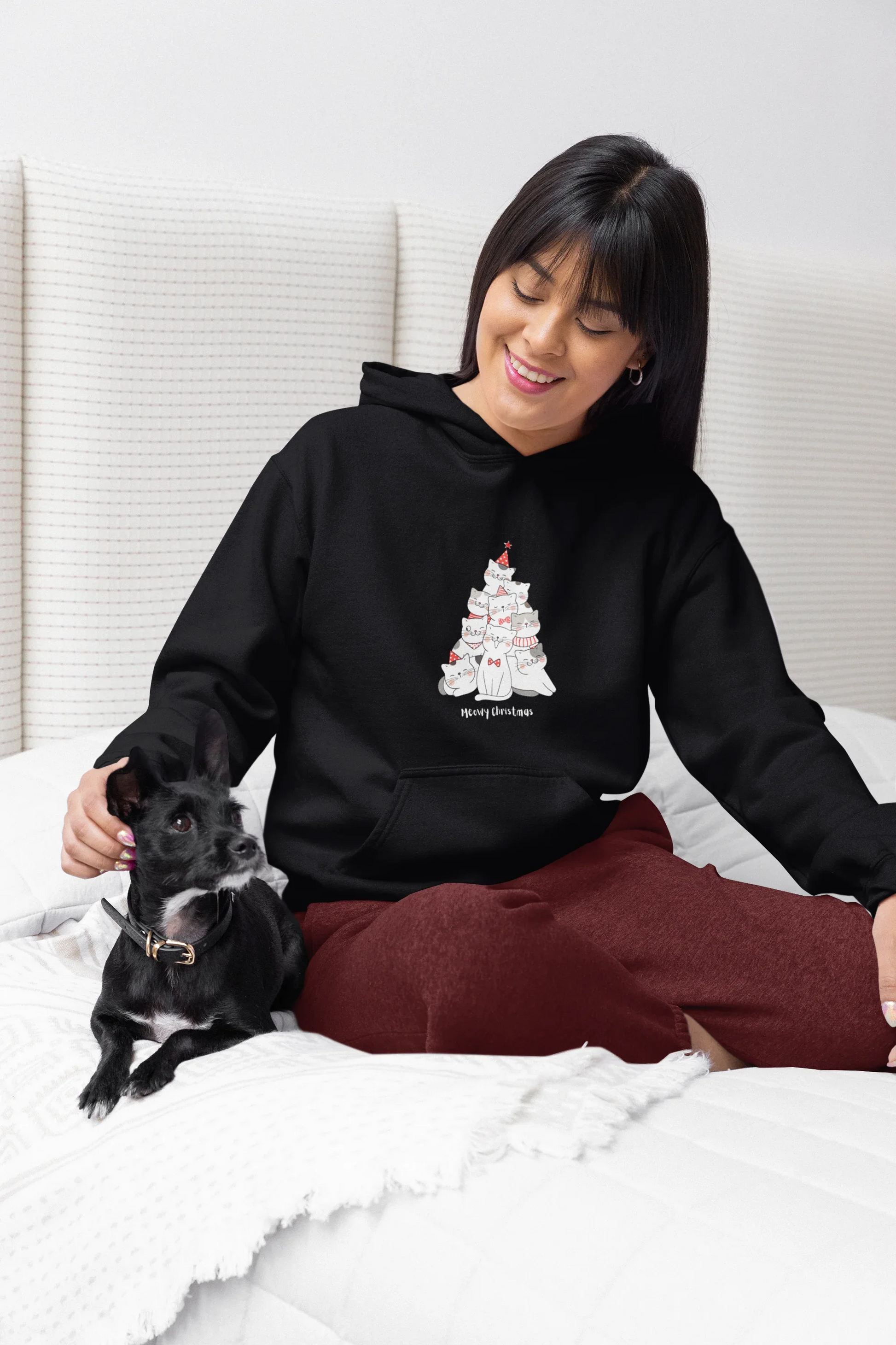 Meowy Christmas Cat Tree Hoodie (Unisex, Cotton) - curledeyes