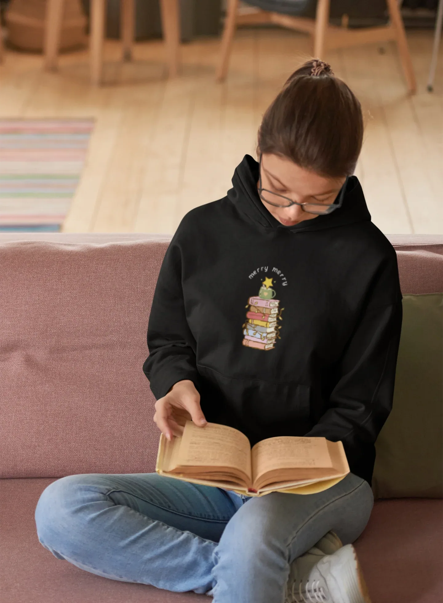 Books Merry Christmas Tree Hoodie (Unisex, Cotton) - curledeyes