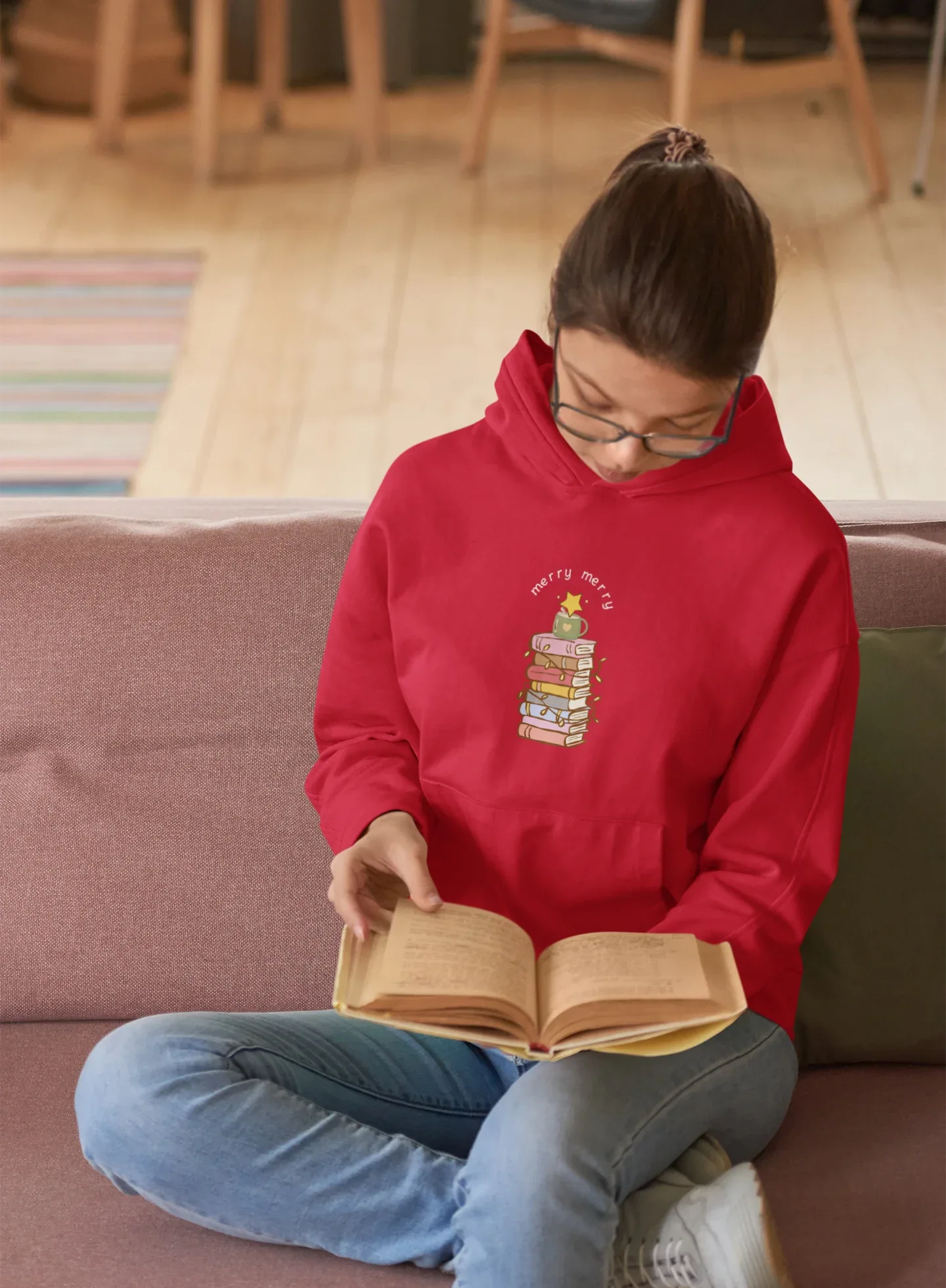 Books Merry Christmas Tree Hoodie (Unisex, Cotton) - curledeyes
