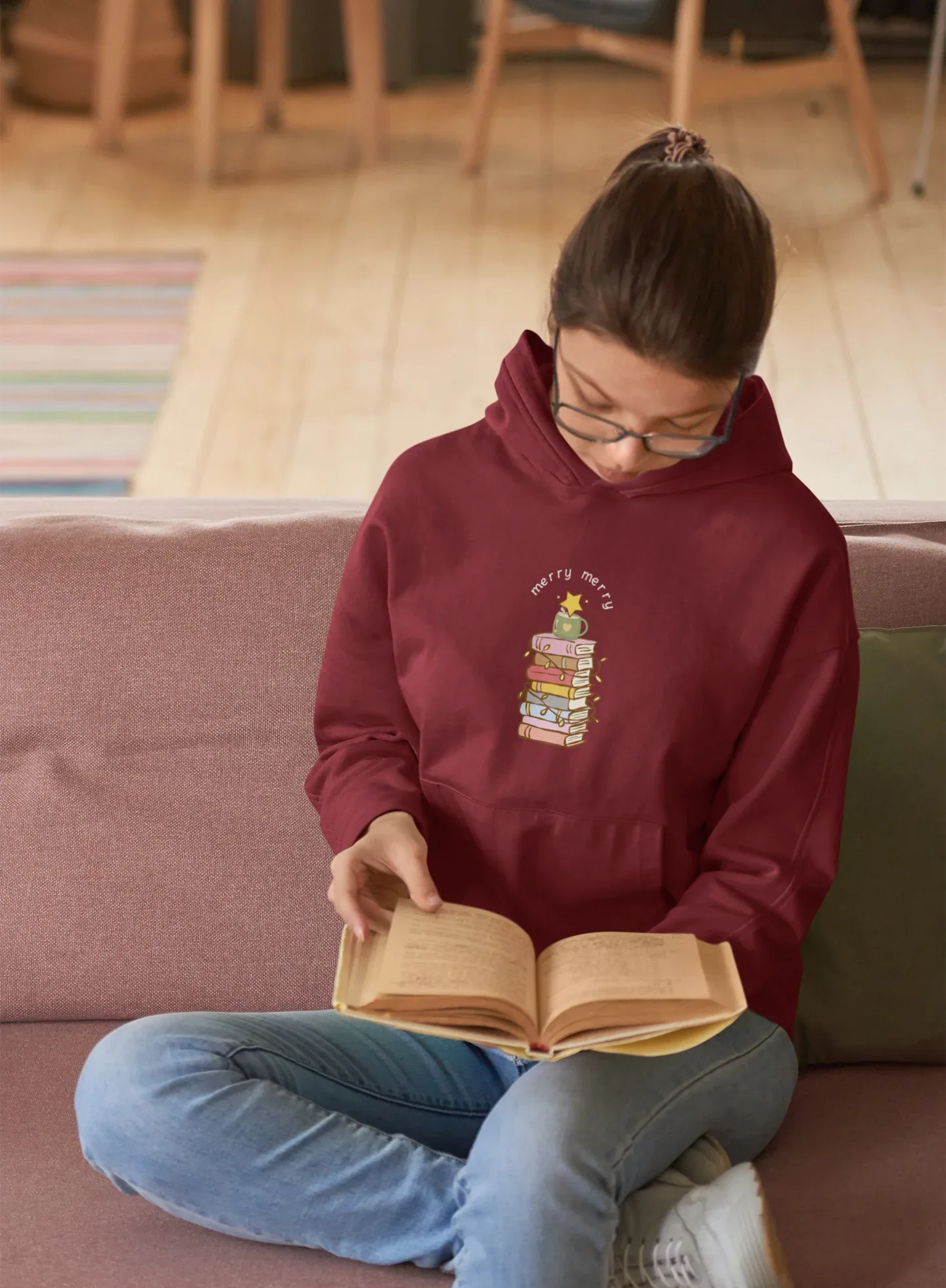 Books Merry Christmas Tree Hoodie (Unisex, Cotton) - curledeyes