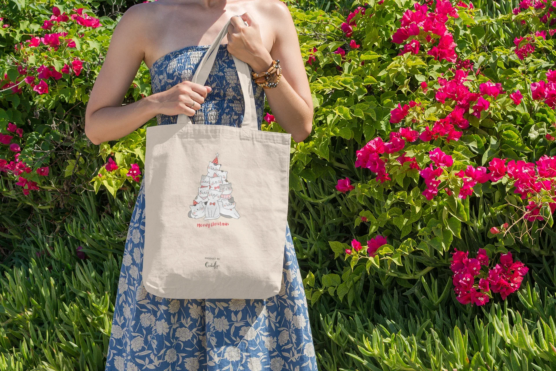 Meowy Christmas Cat Christmas Tote Bag (Cotton canvas) - curledeyes